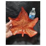 Glass Leaf Candy Dish Red
