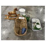 Basket, Candlestick Holders, Wooden Horse