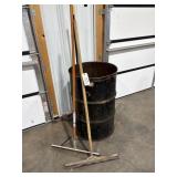 Metal barrel, broom, 2 squeegees