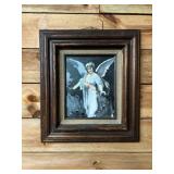 Religious oil on board angel wood frame 16 x 18