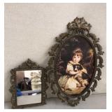 Ornate Brass Frame Mirror and Art Italy