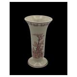 Rooster farm scene red transferware pottery vase