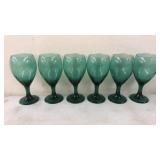 6 Green Glass Gold Rim Stem Goblets 7'