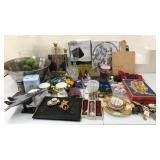 Brass candlesticks, cutting board, toys etc