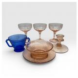 Pink depression & cobalt, blue glassware lot