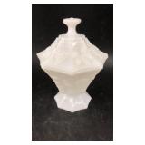 Pedestal Milk Glass Lidded Candy Dish 8'