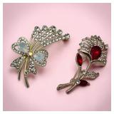 Ruby & opalescent crystal rhinestone brooches