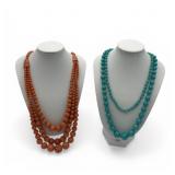 MC turquoise glass & coral lucite ball necklaces