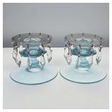Fostoria blue Fairfax candlesticks w/ prisms