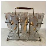 MC libbey glass golden leaf stems w/ caddy
