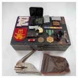 Steel lockbox w/ military, lighters, patches etc