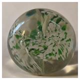 Emerald green millefiori art glass paperweight