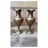 2 Vintage Floral Etched Brass Vases Scalloped Top