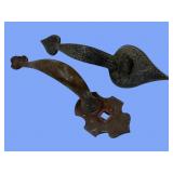 2 old metal bank or store door pulls 1 brass
