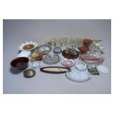 Depression glass, pottery, brass etc