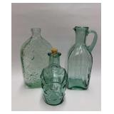 3pc aqua blue green glass cruets, etc