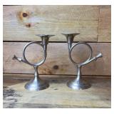 2 silver metal trumpet candle stands