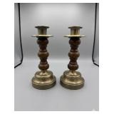 Mid-Century Turned Walnut & Brass Candlesticks