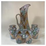MC enamel overlay pitcher & 6 tumblers