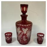 8' ruby etched decanter with glasses