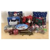 Christmas Lot - Pillows, Bowl, Figurines etc