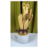 Wooden Kitchen Utensils in Stoneware Pitcher