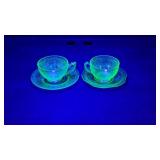 2 sets green uranium glass cup saucer sets