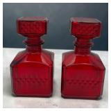 Pair ruby red diamond point glass decanters