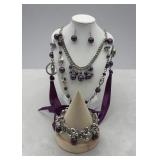 Amethyst & silvertone necklace earrings bracelet
