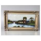 Antique European reverse painting bridge scene