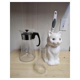 Vintage Pyrex Carafe, Cat Brush Holder, Chimney