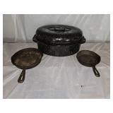 2 Cast Iron Skillets, Blue Graniteware Roaster