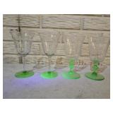 4 Green Uranium Footed Stemware Glasses