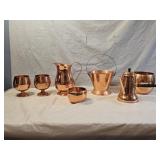 Copper Pitcher, Bucket, Coffee Pot, Mugs, Bowls