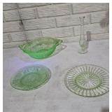 Green Uranium Glass Bowl, Plates, Bud Vase