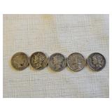 4 Silver Mercury Dimes, 1 Silver Barber Dime