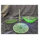 Green Uranium Glass Bowl, Plates, Bud Vase