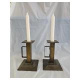 2 Antique Brass Arts & Crafts Style Candle Holders
