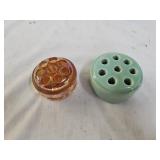 Vtg Marigold Carnival Glass & Pottery Flower Frogs