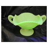 Fenton Green Satin Uranium Glass Handled Compote
