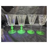 4 Green Uranium Footed Stemware Glasses