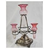 Victorian Silverplate Cranberry Glass Epergne