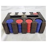 Vintage Wood Poker Chip Caddy with Chips
