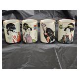 4 Japanese Geisha Girl Porcelain Tea Saki Cups