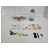 Vintage Ball Jar, Feathers, Miniatures, Buttons