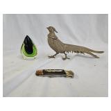 Art Glass Paperweight, Brass Bird, Pocket Knife