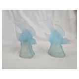 2 L.E. Smith Frosted Blue Satin Glass Flying Birds