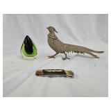 Art Glass Paperweight, Brass Bird, Pocket Knife