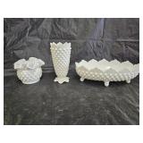 Fenton Hobnail Milk Glass Vases and Relish Dish
