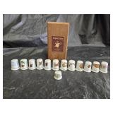 13 Porcelain Thimbles, Vintage English Leather Box